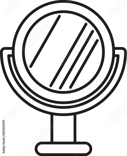 Line drawing of a round makeup mirror standing on a vanity table, representing beauty, reflection, and self care