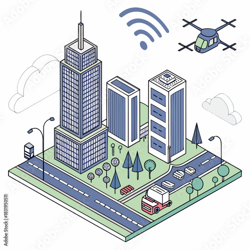Smart city with skyscrapers, green spaces, and drone flying above
