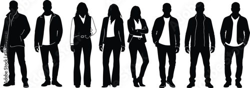 Silhouettes of diverse men and women standing in modern casual and business outfits, isolated on white background for design, illustration, and creative projects