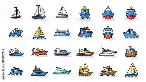 Vector illustration set of cartoon sea transport icons, including various boats, ships, and yachts isolated on a white background