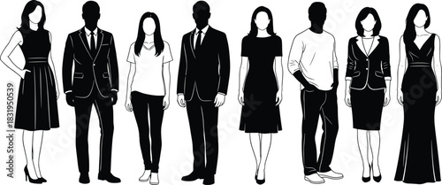 Silhouettes of diverse men and women in formal and casual outfits, standing together in mixed styles for business, fashion, and design concepts