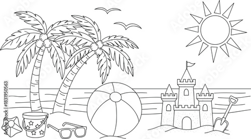 Beach Scene Coloring Page with Palm Trees Sandcastle and Sun Keywords: beach, scene, coloring, page, palm, trees, sandcastle, sun