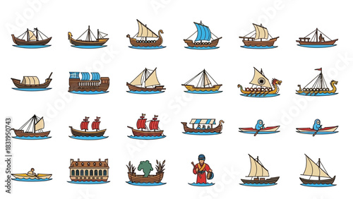 A diverse collection of historical and traditional ship and boat icons representing ancient maritime transportation from around the world