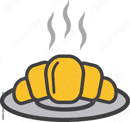 Vector illustration of a hot croissant on a plate with steam lines. Ideal for bakery branding, breakfast menus, café promotions, food blogs, and cozy lifestyle-themed design projects.