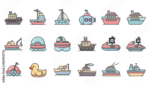A diverse collection of cartoon watercraft icons, featuring ships, boats, and a submarine in a filled outline style for maritime design