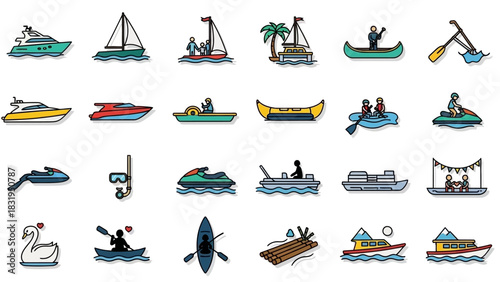 Colorful icon collection of boats, ships, and water sports equipment for summer recreation and travel concepts