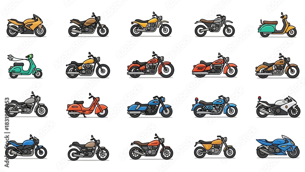 Naklejka premium A diverse collection of pixel art motorcycle and scooter icons. Vector illustration set of two-wheeled transport vehicles in a retro 8-bit style