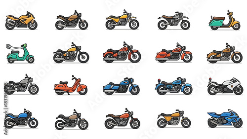 A diverse collection of pixel art motorcycle and scooter icons. Vector illustration set of two-wheeled transport vehicles in a retro 8-bit style
