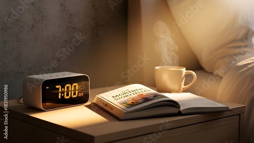Minimalist alarm clock on a bedside table, morning storytelling.