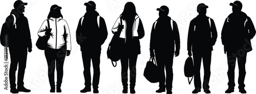 Silhouettes of diverse people standing with backpacks and travel bags, representing travel lifestyle, urban commuting, casual clothing, modern mobility, and outdoor activity