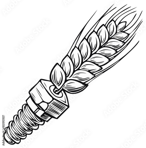 Linework Illustration of Metal Bolt and Wheat, Grain and Machinery Connection