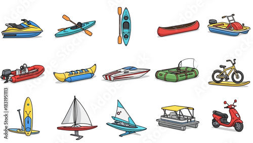 A vibrant collection of illustrated water sports equipment and recreational vehicles for summer vacation activities