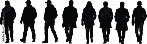 Silhouettes of diverse people walking in a row, isolated on white background, urban crowd concept, modern lifestyle movement illustration