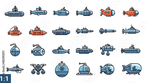 A comprehensive vector icon set featuring various submarines, submersibles, and torpedoes, designed in a colorful outline style for naval and underwater themes