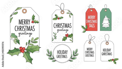 Merry Christmas and Holiday Greetings Gift Tags with Holly and Evergreen Accents