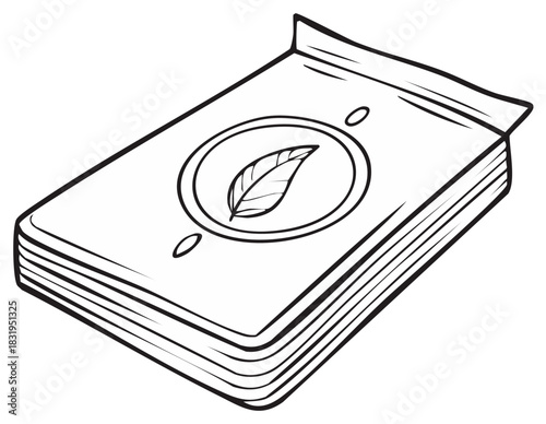 Stack of individually wrapped tea bags with leaf logo vector line drawing