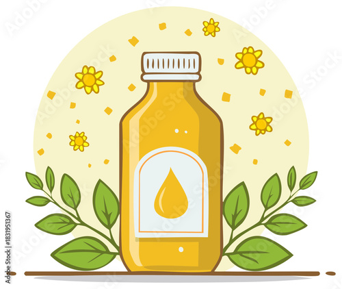 Herbal liquid bottle with green leaves and natural yellow flowers illustration