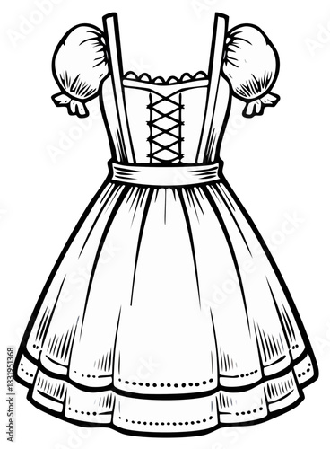 Traditional Bavarian Dirndl Dress Line Art Illustration with Puffy Sleeves and Laced Bodice