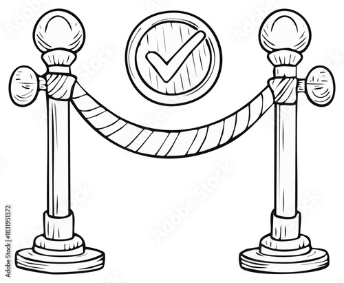 VIP velvet rope barrier with stanchions and an approval checkmark icon illustration