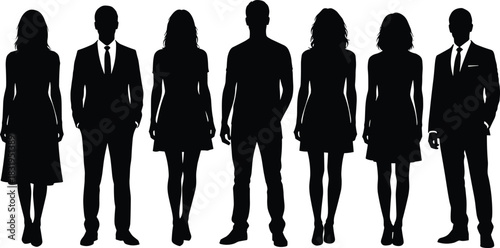 Silhouettes of men and women standing in formal and casual outfits, isolated on white background for design projects, presentations, illustration, and creative use