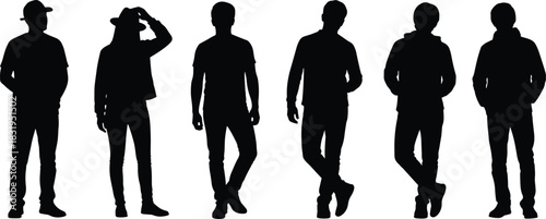 Silhouettes of men standing in casual poses, stylish male figure collection, modern fashion outline illustration for design, advertising, branding projects