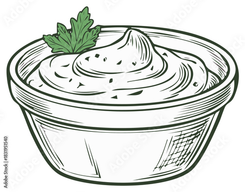 Creamy sauce served in a bowl with green herb garnish