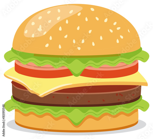 Delicious stacked hamburger illustration with sesame seed bun and fresh ingredients