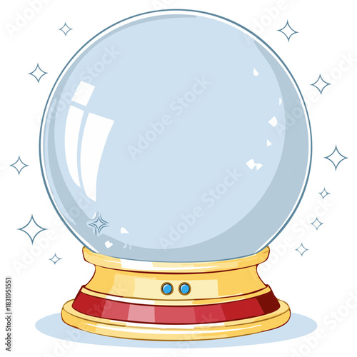 Crystal ball illustration with decorative stand, predicting future and magical fortune telling, surrounded by sparkling stars