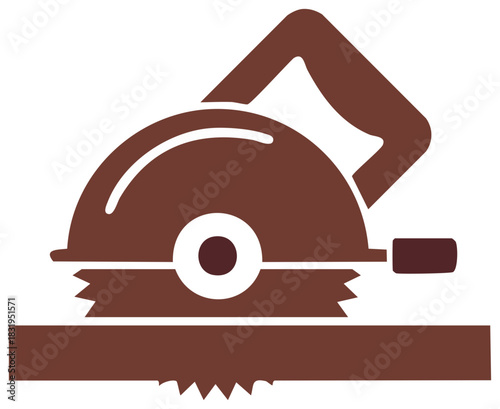 Circular saw cutting wooden board illustration, woodworking tool in action brown icon