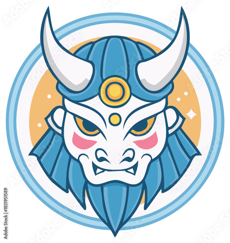 Viking warrior head illustration within a circular design, cartoon style.
