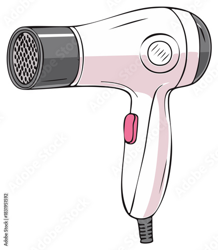 Illustration of a pink and white hairdryer with a black nozzle and pink button