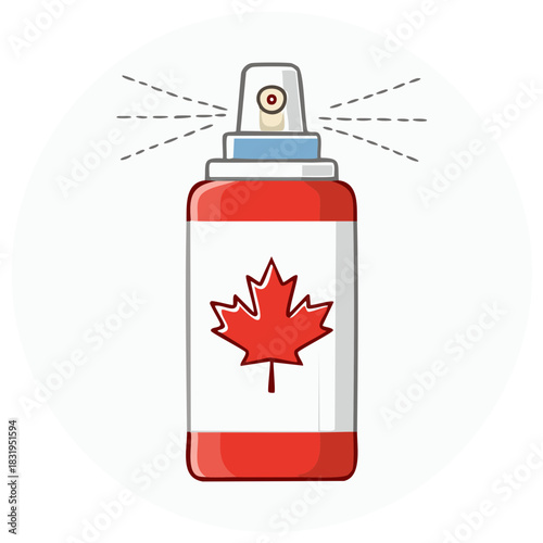 Vibrant Canadian themed red and white spray can actively dispensing an unseen product in vector illustration style