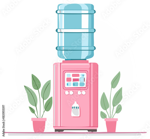 Pink water cooler cartoon with potted plants decoration, water dispenser in the office or home, vector illustration