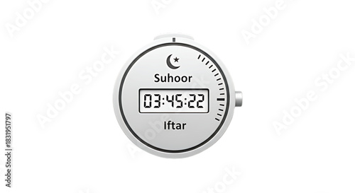 Digital timer displays Suhoor and Iftar times, essential for Ramadan observance.