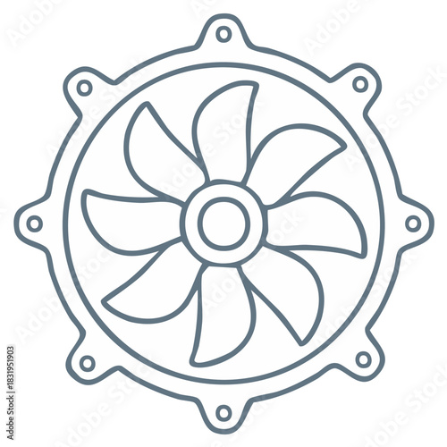 Monochromatic line art icon of a computer cooling fan with multiple blades and mounting points