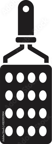 Simple black and white grater icon, representing a kitchen tool used for grating cheese, vegetables, and other food items