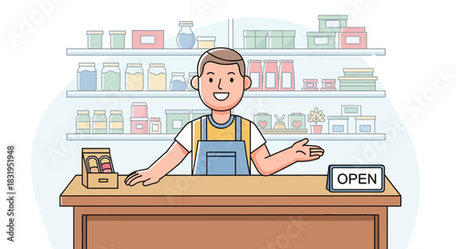 Cheerful store owner welcomes customers to his shop with shelves full of products