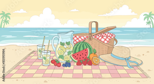 Charming beach picnic illustration evoking summer relaxation and leisure time
