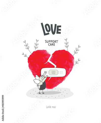 Vector cartoon sketch of Angel  angel seals the cracks in the heart with.Concept of assistance, care, philanthropy and support. Giving and sharing love, donating.Self-Love, Mental Health and positive.