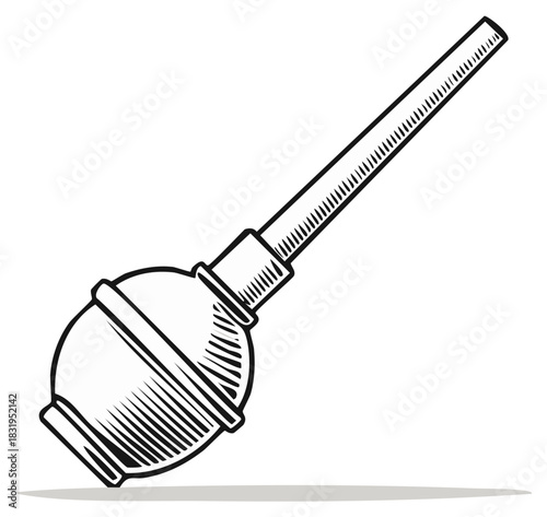 Vector illustration of a bulb syringe with crosshatch shading, used for medical irrigation and newborn infant care