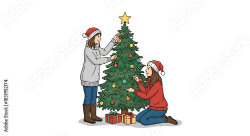 Two young women decorating a Christmas tree with ornaments in a cozy festive setting