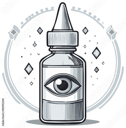 Illustration of eye drops bottle with an eye symbol, surrounded by decorative elements.