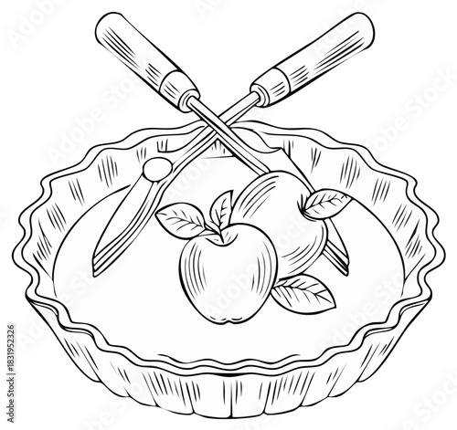 Hand drawn outline illustration of apples in a pie crust with crossed serving tools for baking dessert