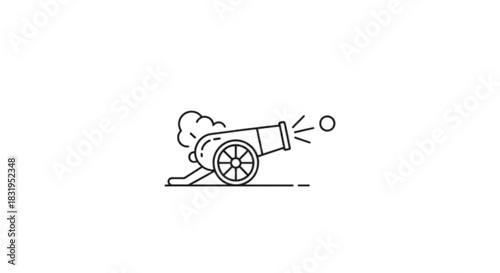 Vintage cannon fires a projectile with smoke and impact.