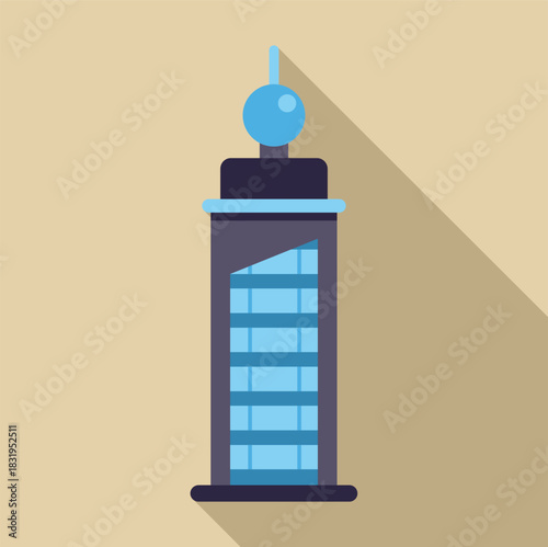 Modern skyscraper standing tall with blue glass windows and sphere on top, representing urban architecture and business center