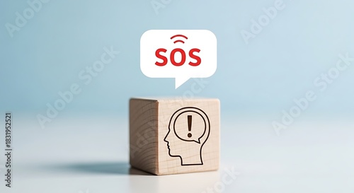 Sos message from the mind wooden block with exclamation point head and sos speech bubble representing mental distress and the need for help