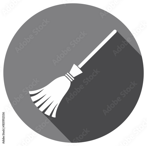 Elegant white broom icon with long shadow on a dark grey circular background for cleaning services