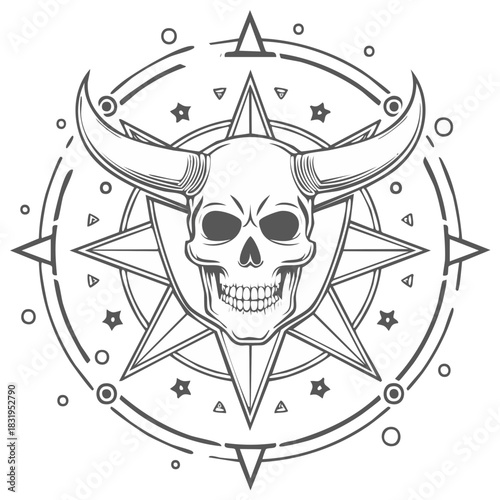 Gothic Horned Skull Symbol with Mystic Star and Esoteric Compass Rose Design