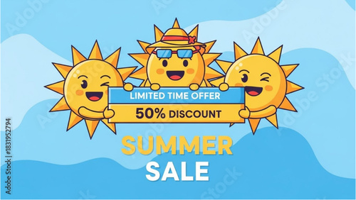 Cheerful Sun Mascot Trio Promotes Exciting Limited-Time 50% Off Summer Shopping Event