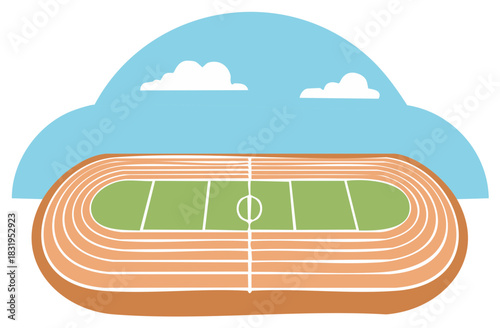 Athletic stadium with running track and green sports field under a blue sky with clouds